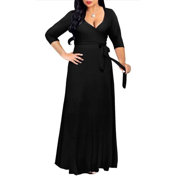 NEW Maxi Dress Deep V Neck 3/4 Sleeves Plus Size Pockets NO BELT 2X - Picture 1 of 6